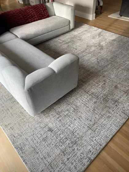 Large grey area rug layered under a sectional sofa on hardwood