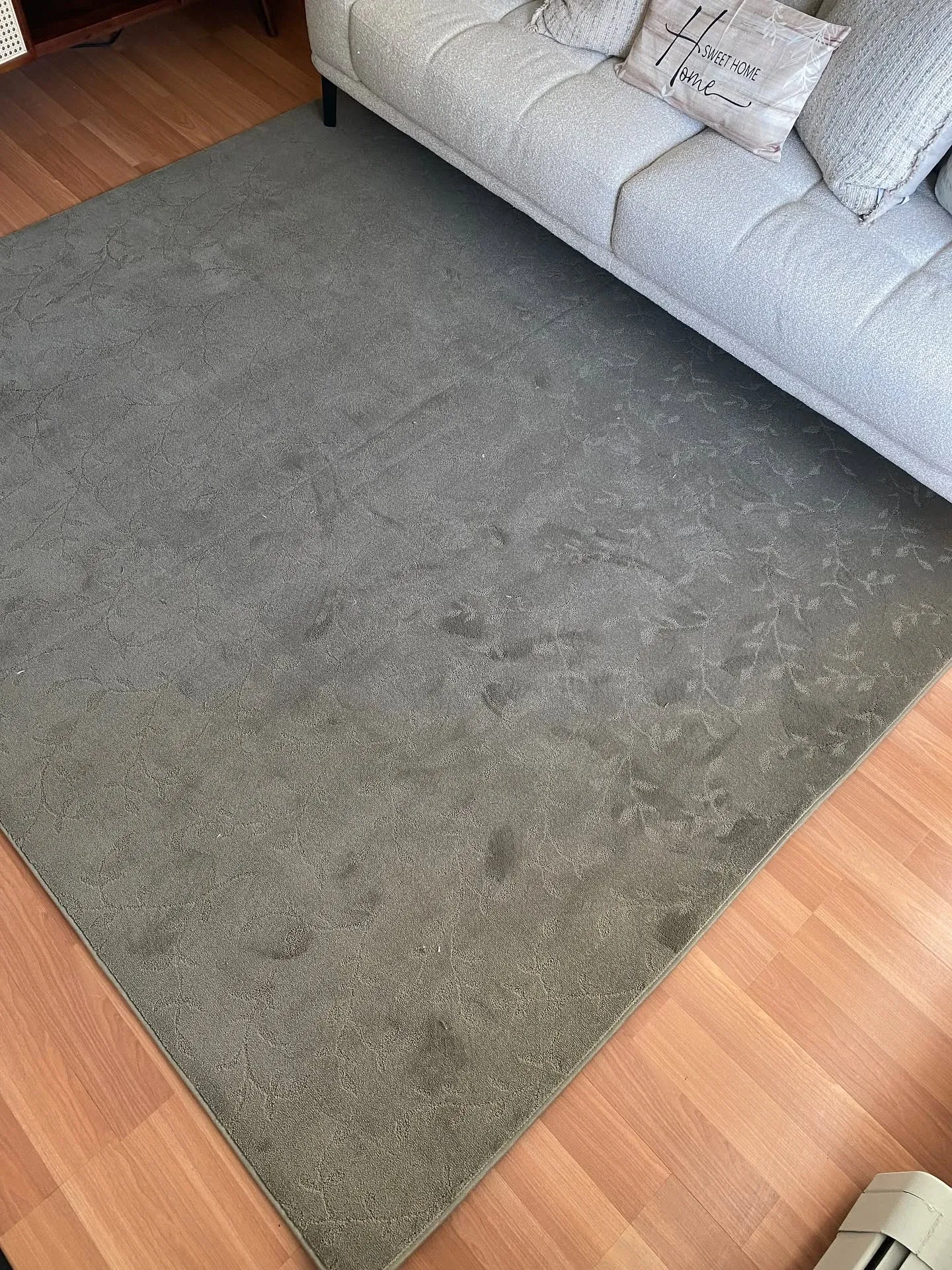 Grey bound area rug in front of a white sofa on wood-look flooring