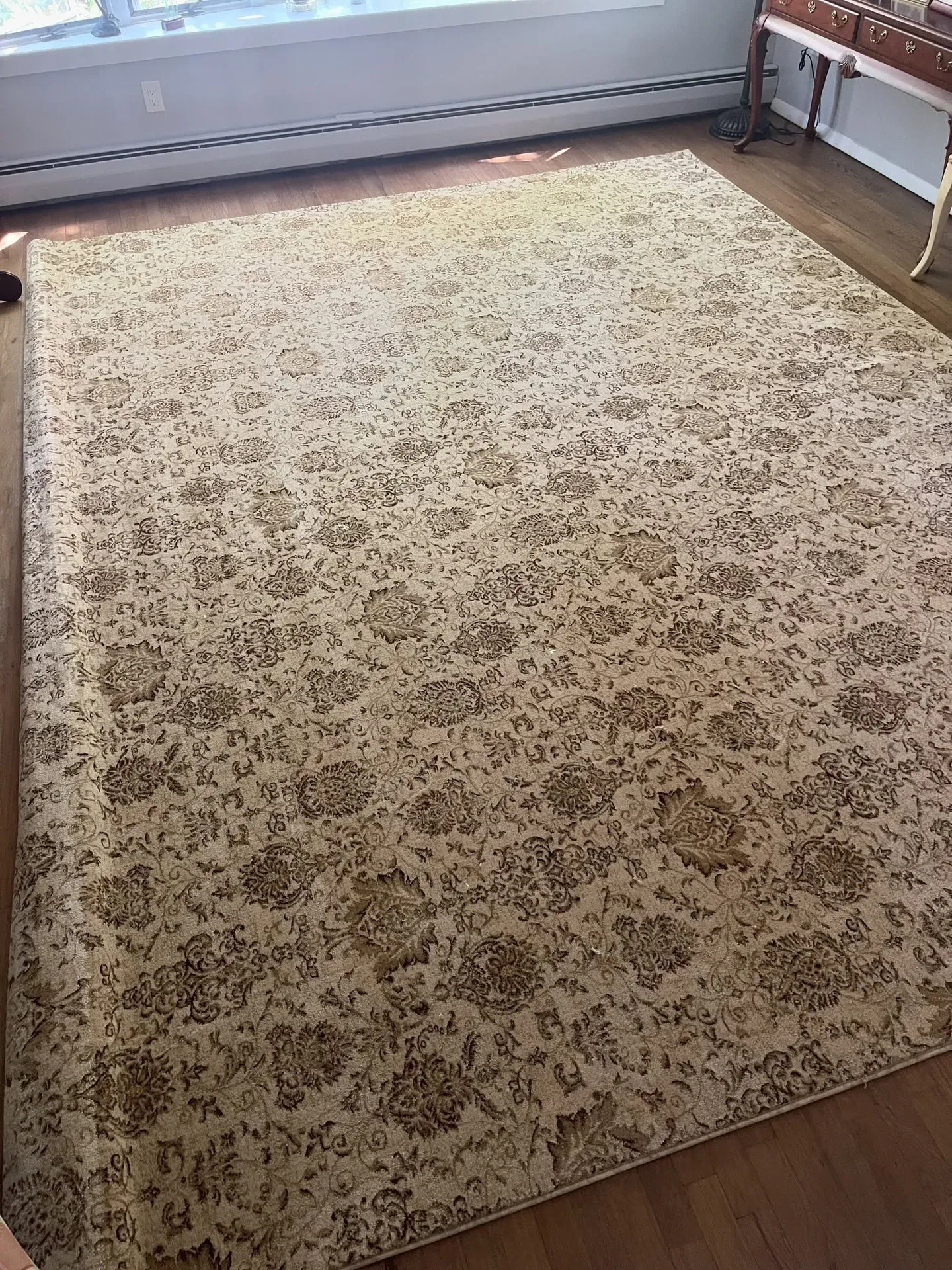 Traditional floral-pattern area rug in a sunlit room