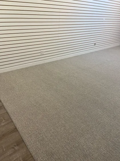 Beige carpet installed in a finished basement with a slat accent wall