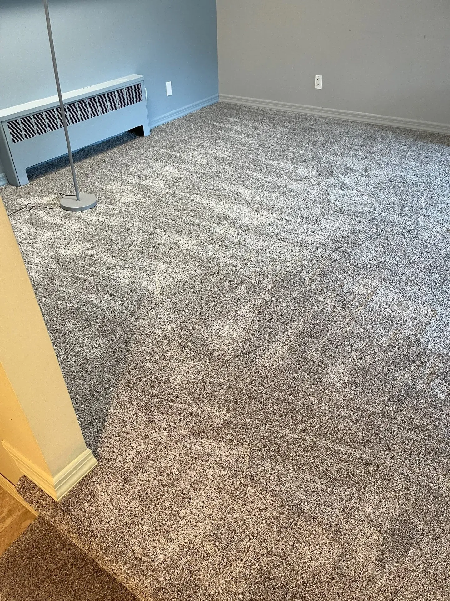Taupe plush carpet installed in a bedroom with a radiator